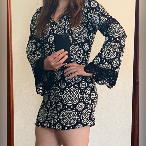 Boho black and off white mini beach cover up w/ crochet details - Picture 2 of 11